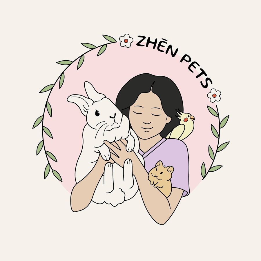 Ilustración de Zhēn Pets: la doctora con un conejo, una ninfa y un hámster, rodeados de una corona botánica